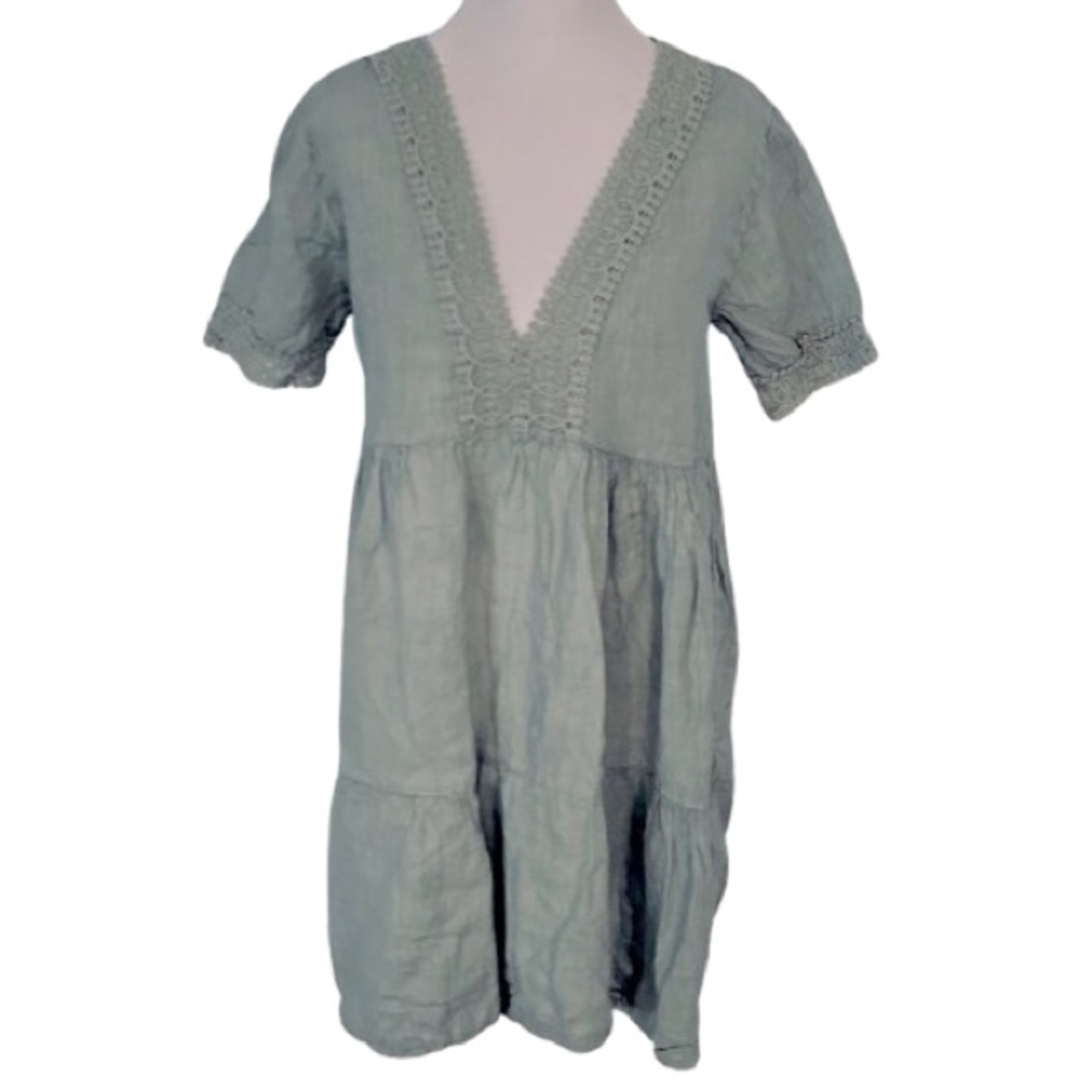 100% Linen ELENA BALDI Dress Medium Green Seafoam Cotton Boho Cottagecore Sage